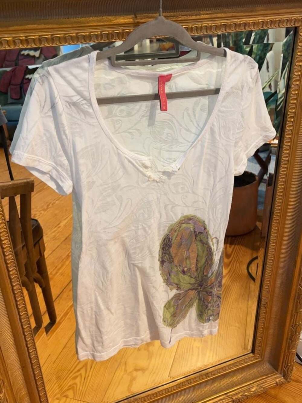 Charlotte Tarantola White Floral Burnout V-Neck T-Shirt Size L